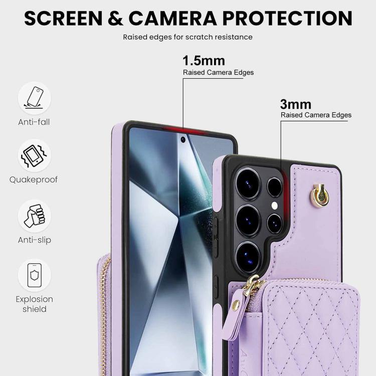 For Samsung Galaxy S25 Ultra 5G AwQuer Crossbody Zipper Wallet Rhombic Leather Back Phone Case