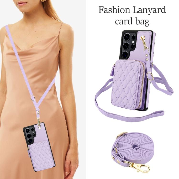 For Samsung Galaxy S25 Ultra 5G AwQuer Crossbody Zipper Wallet Rhombic Leather Back Phone Case