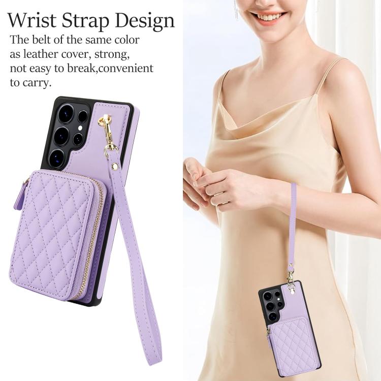 For Samsung Galaxy S25 Ultra 5G AwQuer Crossbody Zipper Wallet Rhombic Leather Back Phone Case