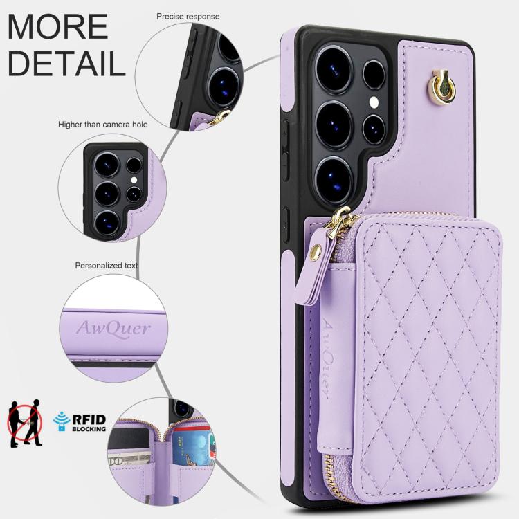 For Samsung Galaxy S25 Ultra 5G AwQuer Crossbody Zipper Wallet Rhombic Leather Back Phone Case
