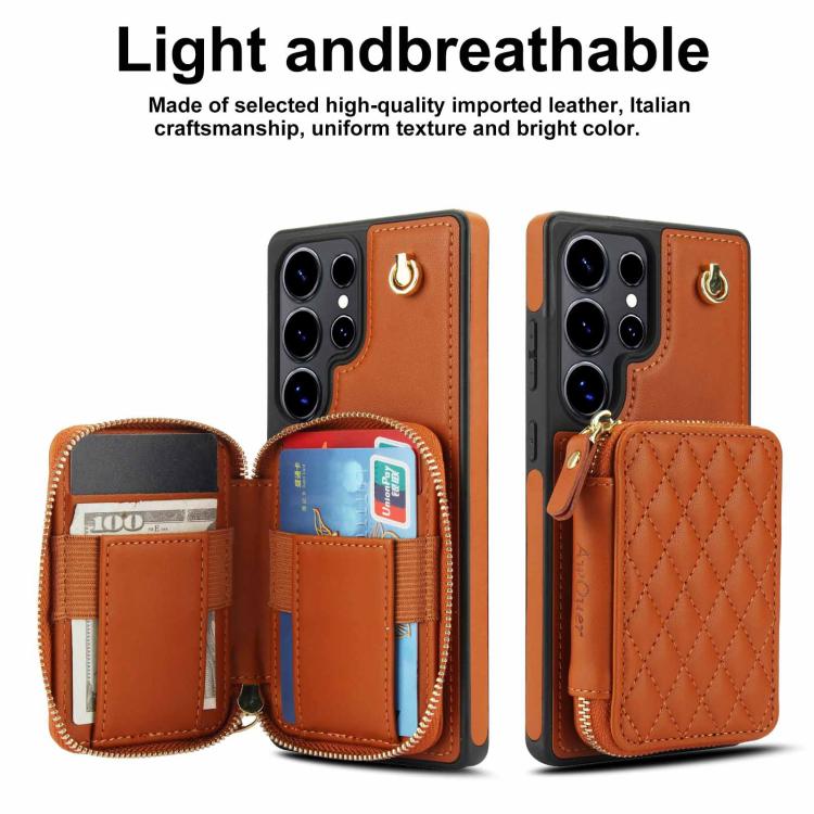 For Samsung Galaxy S25 Ultra 5G AwQuer Crossbody Zipper Wallet Rhombic Leather Back Phone Case