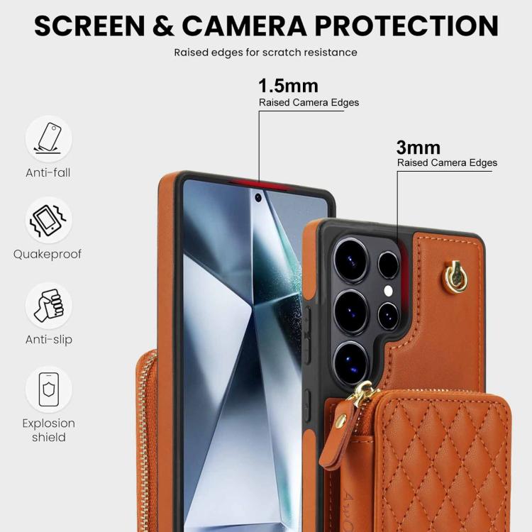 For Samsung Galaxy S25 Ultra 5G AwQuer Crossbody Zipper Wallet Rhombic Leather Back Phone Case