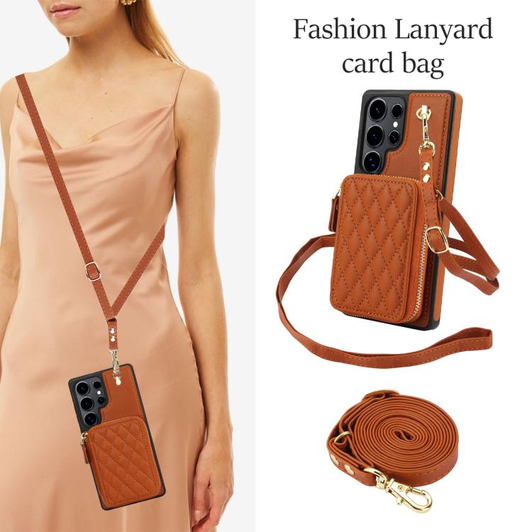 For Samsung Galaxy S25 Ultra 5G AwQuer Crossbody Zipper Wallet Rhombic Leather Back Phone Case