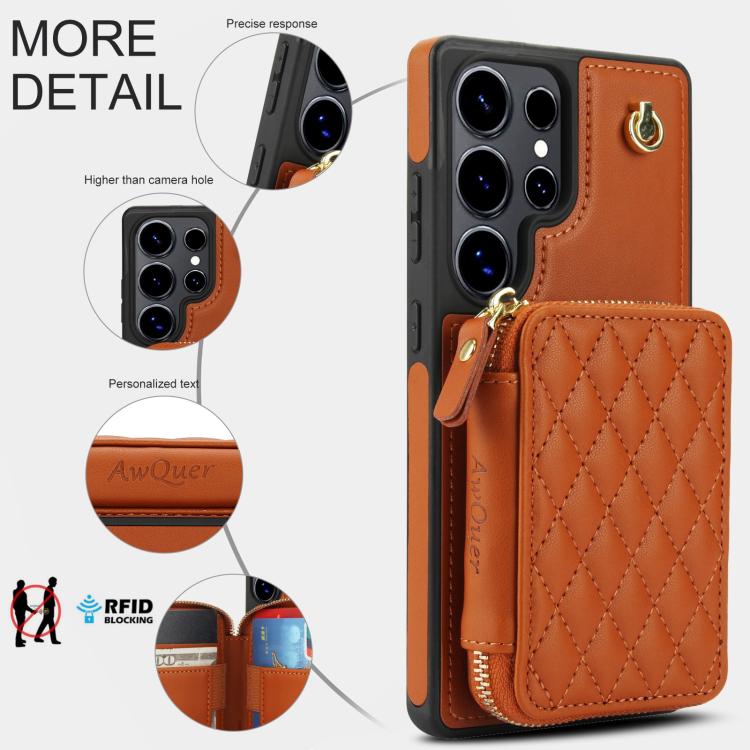 For Samsung Galaxy S25 Ultra 5G AwQuer Crossbody Zipper Wallet Rhombic Leather Back Phone Case