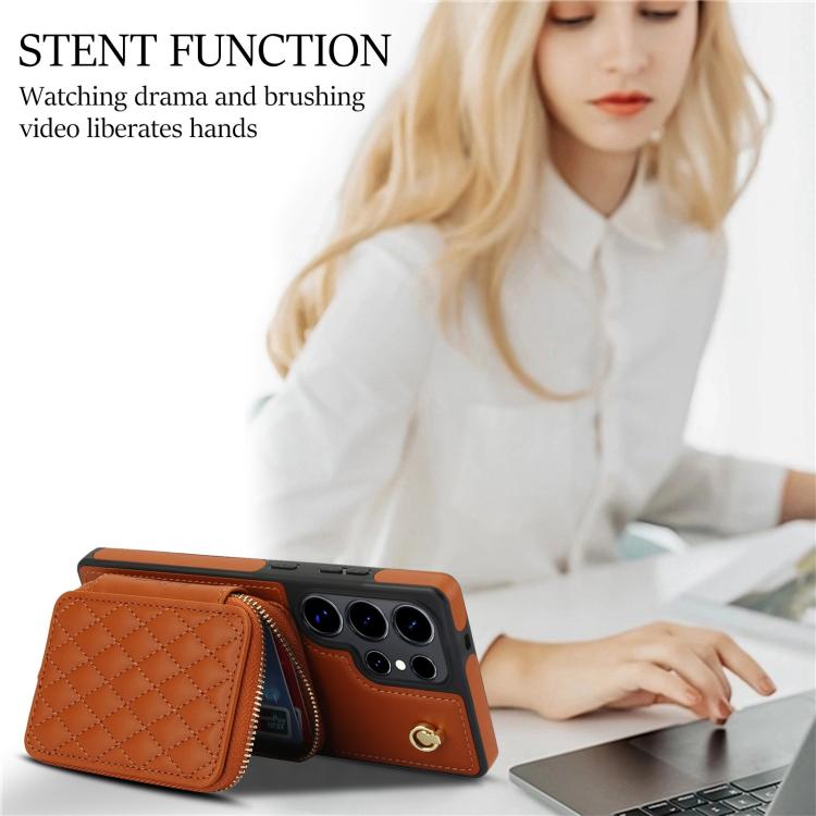 For Samsung Galaxy S25 Ultra 5G AwQuer Crossbody Zipper Wallet Rhombic Leather Back Phone Case