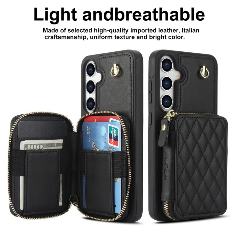 For Samsung Galaxy S25 FE 5G AwQuer Crossbody Zipper Wallet Rhombic Leather Back Phone Case