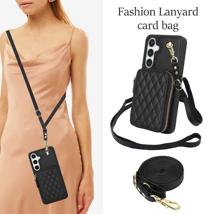 For Samsung Galaxy S25 FE 5G AwQuer Crossbody Zipper Wallet Rhombic Leather Back Phone Case