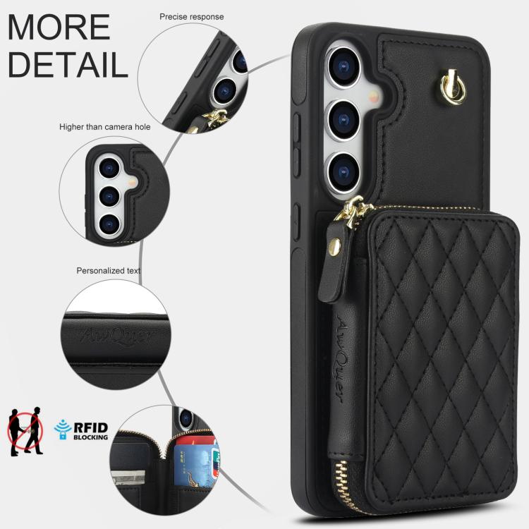 For Samsung Galaxy S25 FE 5G AwQuer Crossbody Zipper Wallet Rhombic Leather Back Phone Case