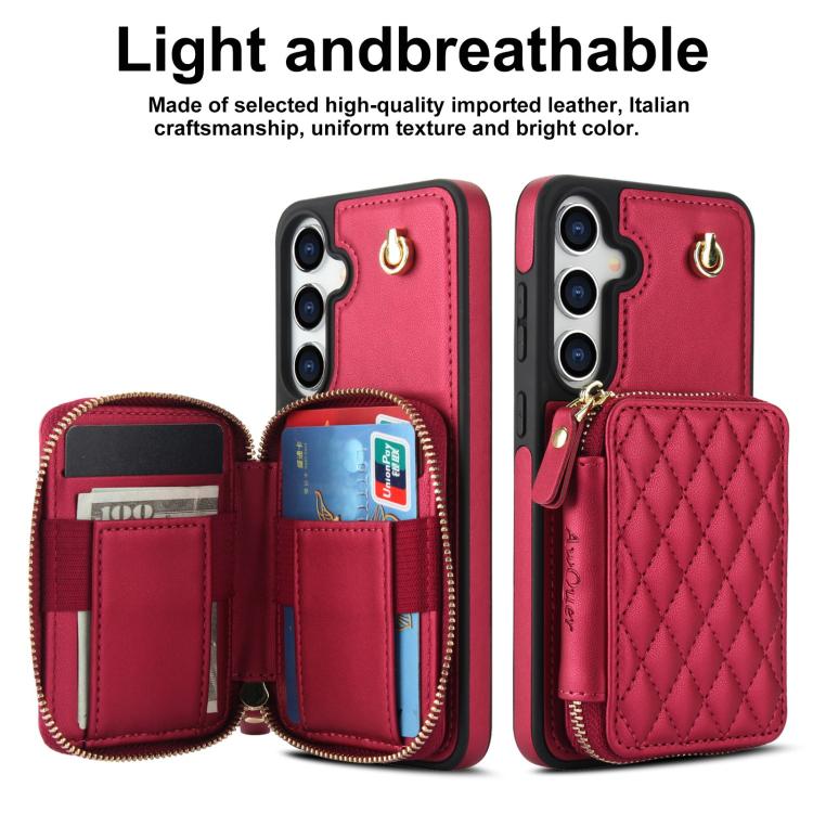 For Samsung Galaxy S25 FE 5G AwQuer Crossbody Zipper Wallet Rhombic Leather Back Phone Case