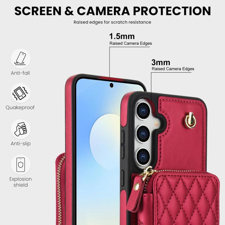 For Samsung Galaxy S25 FE 5G AwQuer Crossbody Zipper Wallet Rhombic Leather Back Phone Case