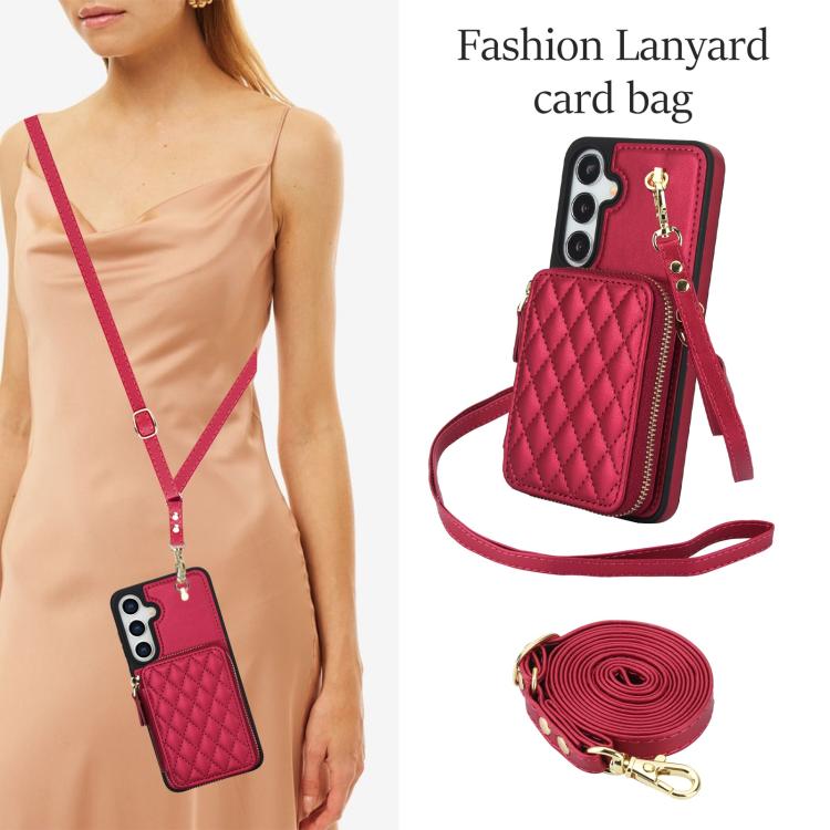 For Samsung Galaxy S25 FE 5G AwQuer Crossbody Zipper Wallet Rhombic Leather Back Phone Case