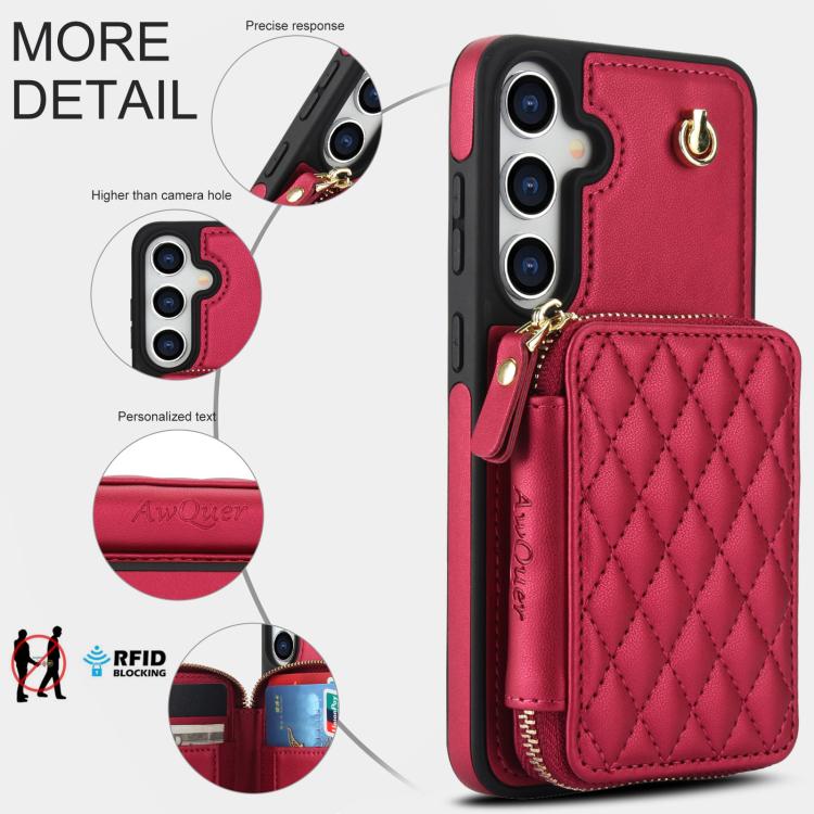 For Samsung Galaxy S25 FE 5G AwQuer Crossbody Zipper Wallet Rhombic Leather Back Phone Case