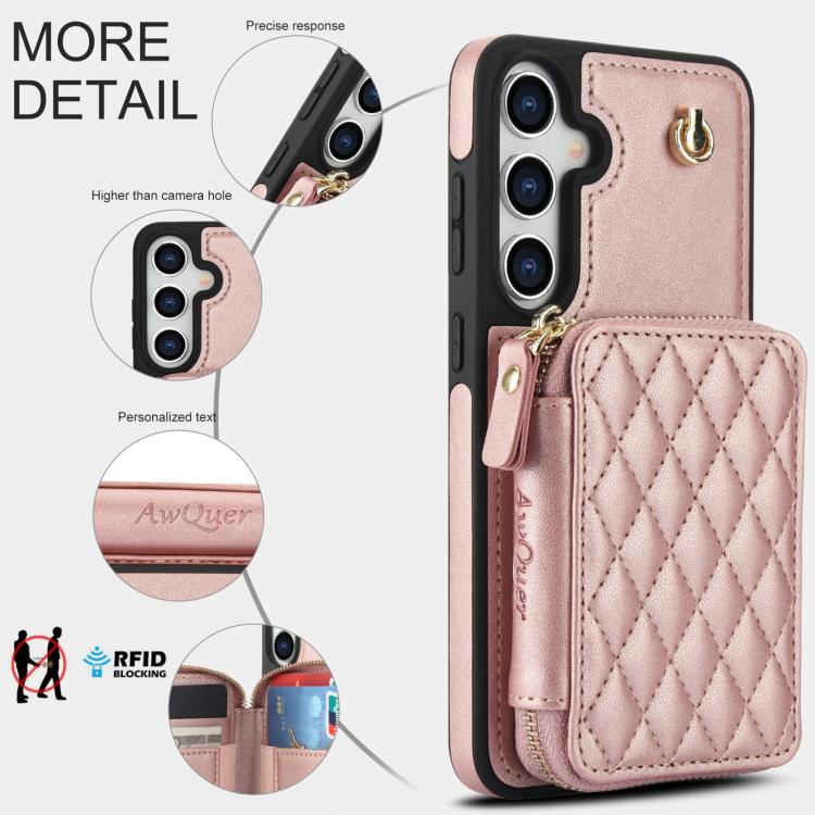 For Samsung Galaxy S25 FE 5G AwQuer Crossbody Zipper Wallet Rhombic Leather Back Phone Case