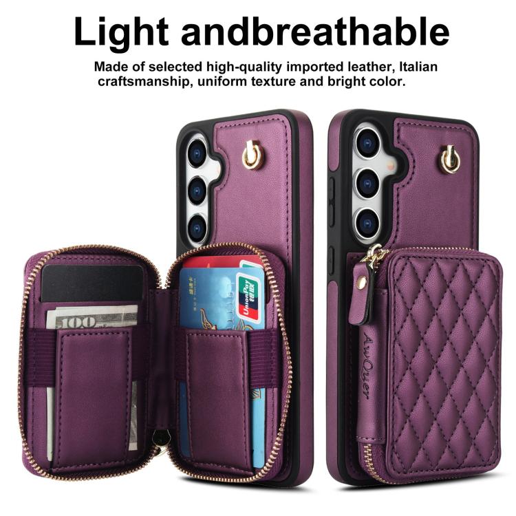 For Samsung Galaxy S25 FE 5G AwQuer Crossbody Zipper Wallet Rhombic Leather Back Phone Case