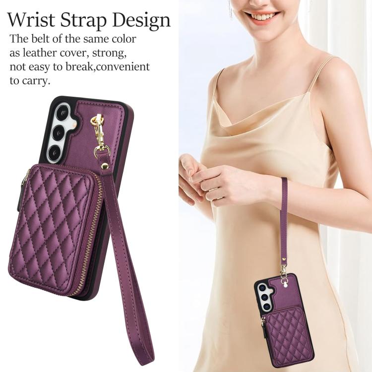 For Samsung Galaxy S25 FE 5G AwQuer Crossbody Zipper Wallet Rhombic Leather Back Phone Case