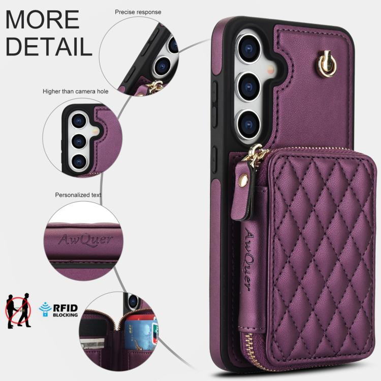 For Samsung Galaxy S25 FE 5G AwQuer Crossbody Zipper Wallet Rhombic Leather Back Phone Case