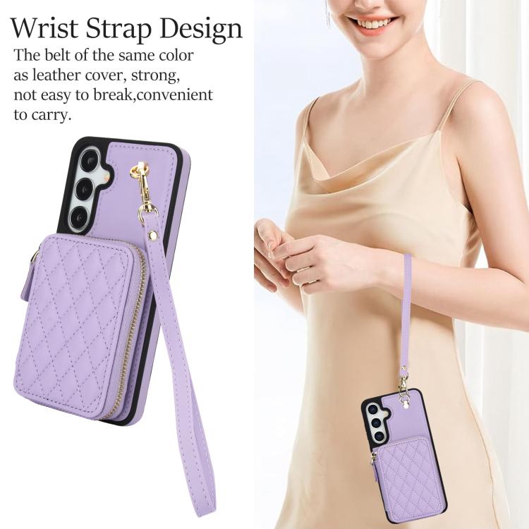 For Samsung Galaxy S25 FE 5G AwQuer Crossbody Zipper Wallet Rhombic Leather Back Phone Case