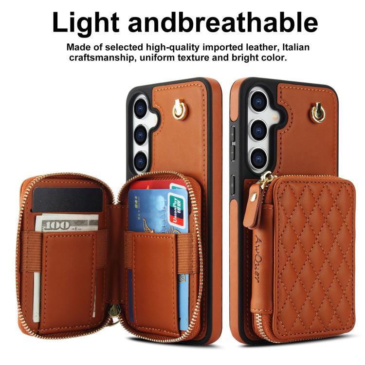 For Samsung Galaxy S25 FE 5G AwQuer Crossbody Zipper Wallet Rhombic Leather Back Phone Case