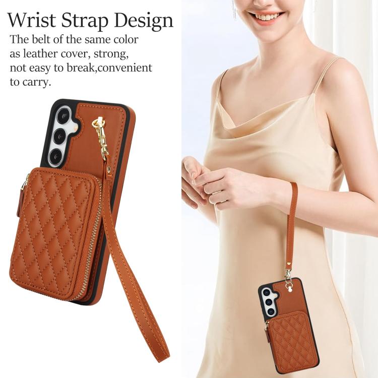 For Samsung Galaxy S25 FE 5G AwQuer Crossbody Zipper Wallet Rhombic Leather Back Phone Case