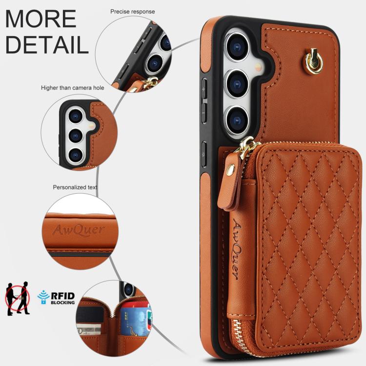 For Samsung Galaxy S25 FE 5G AwQuer Crossbody Zipper Wallet Rhombic Leather Back Phone Case