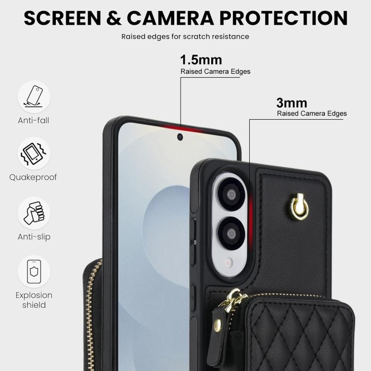 For Samsung Galaxy S25 Edge 5G AwQuer Crossbody Zipper Wallet Rhombic Leather Back Phone Case