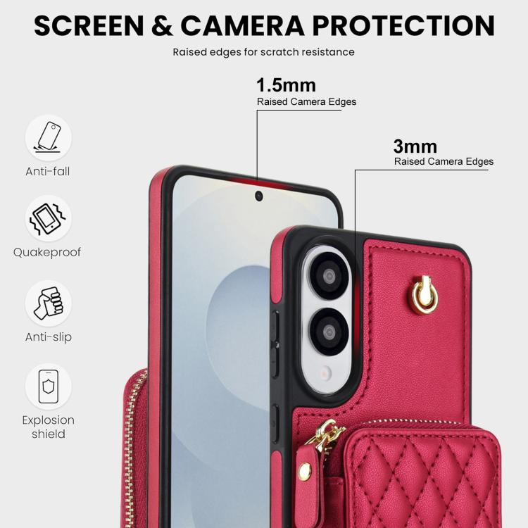 For Samsung Galaxy S25 Edge 5G AwQuer Crossbody Zipper Wallet Rhombic Leather Back Phone Case