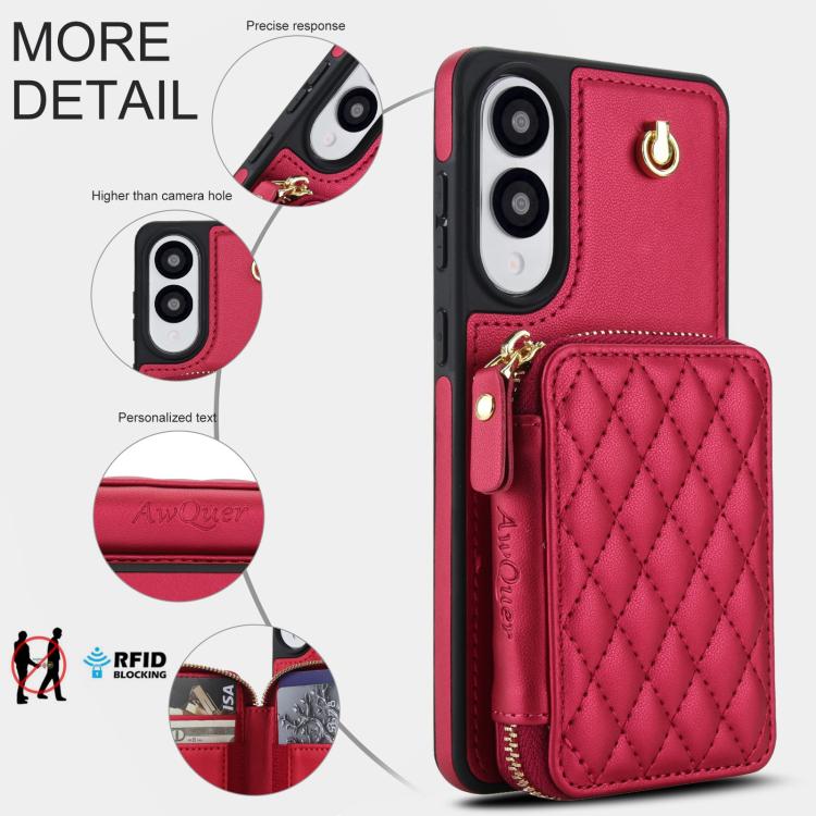 For Samsung Galaxy S25 Edge 5G AwQuer Crossbody Zipper Wallet Rhombic Leather Back Phone Case