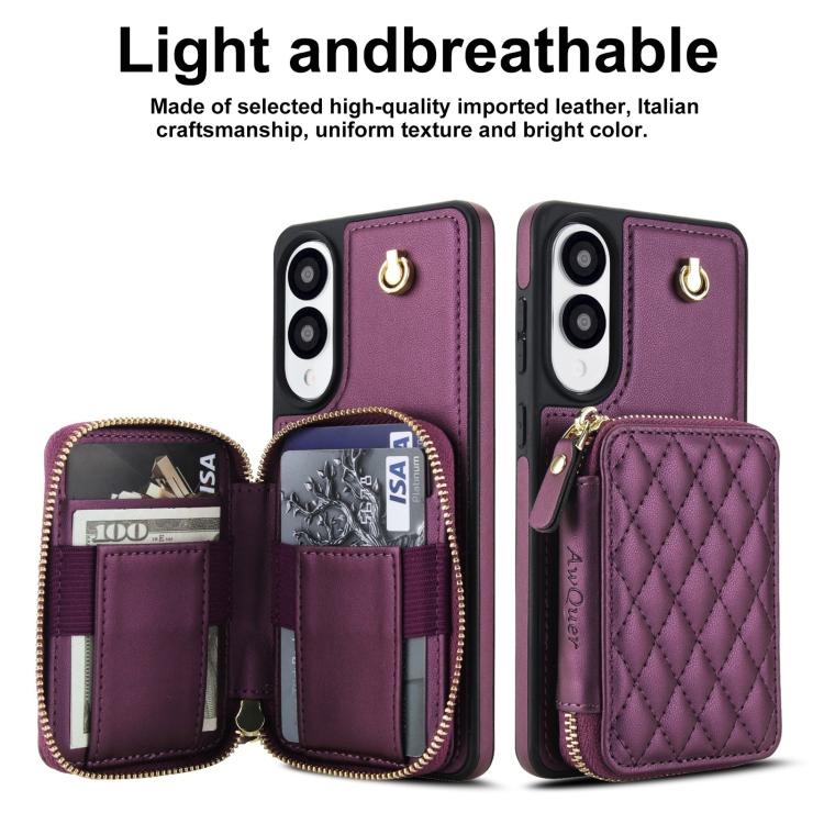 For Samsung Galaxy S25 Edge 5G AwQuer Crossbody Zipper Wallet Rhombic Leather Back Phone Case