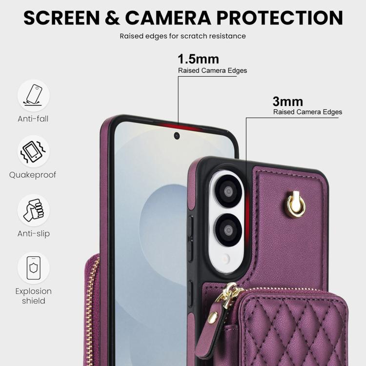 For Samsung Galaxy S25 Edge 5G AwQuer Crossbody Zipper Wallet Rhombic Leather Back Phone Case