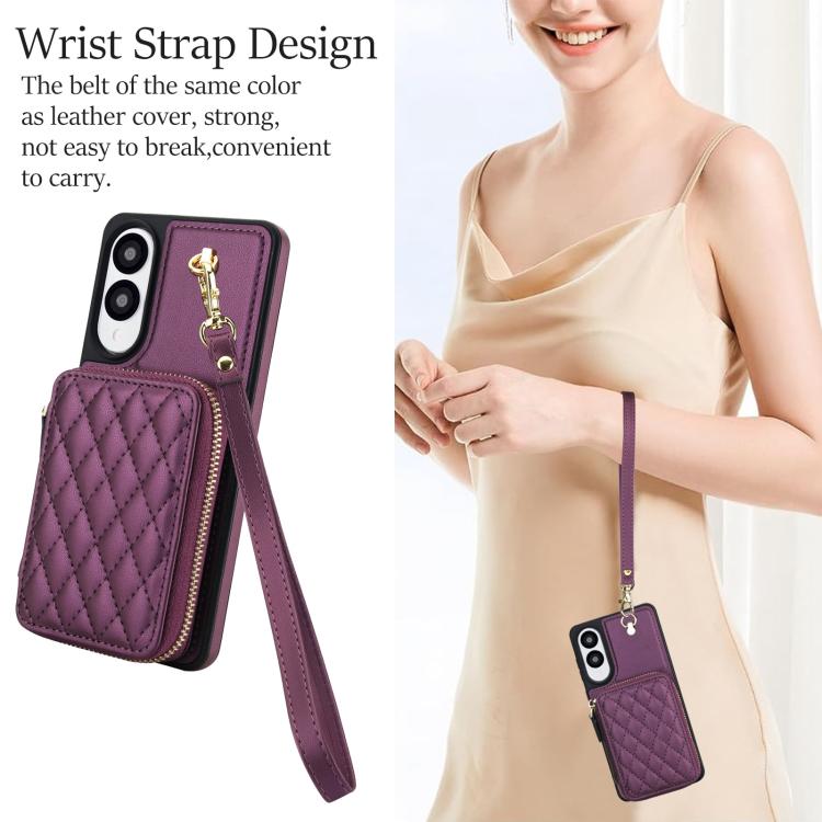 For Samsung Galaxy S25 Edge 5G AwQuer Crossbody Zipper Wallet Rhombic Leather Back Phone Case