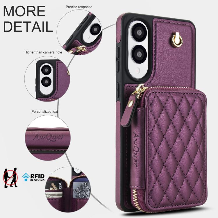 For Samsung Galaxy S25 Edge 5G AwQuer Crossbody Zipper Wallet Rhombic Leather Back Phone Case
