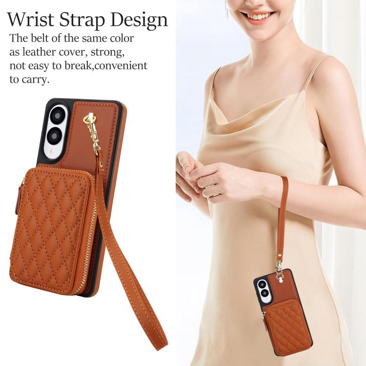 For Samsung Galaxy S25 Edge 5G AwQuer Crossbody Zipper Wallet Rhombic Leather Back Phone Case