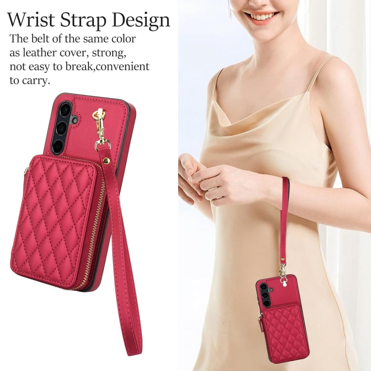 For Samsung Galaxy A55 5G AwQuer Crossbody Zipper Wallet Rhombic Leather Back Phone Case