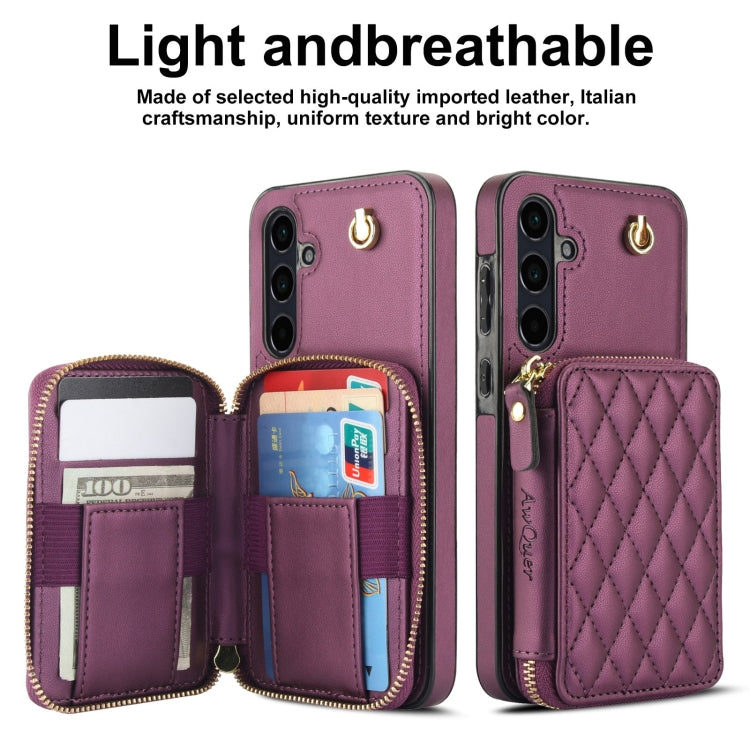 For Samsung Galaxy A55 5G AwQuer Crossbody Zipper Wallet Rhombic Leather Back Phone Case