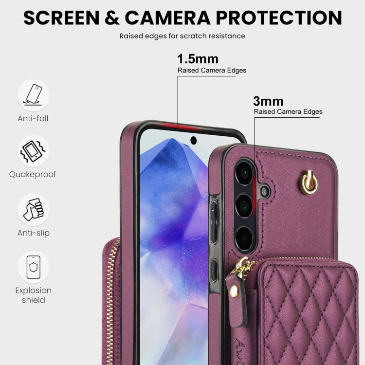 For Samsung Galaxy A55 5G AwQuer Crossbody Zipper Wallet Rhombic Leather Back Phone Case
