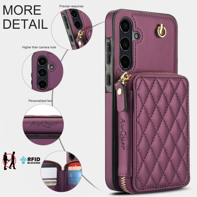 For Samsung Galaxy A55 5G AwQuer Crossbody Zipper Wallet Rhombic Leather Back Phone Case