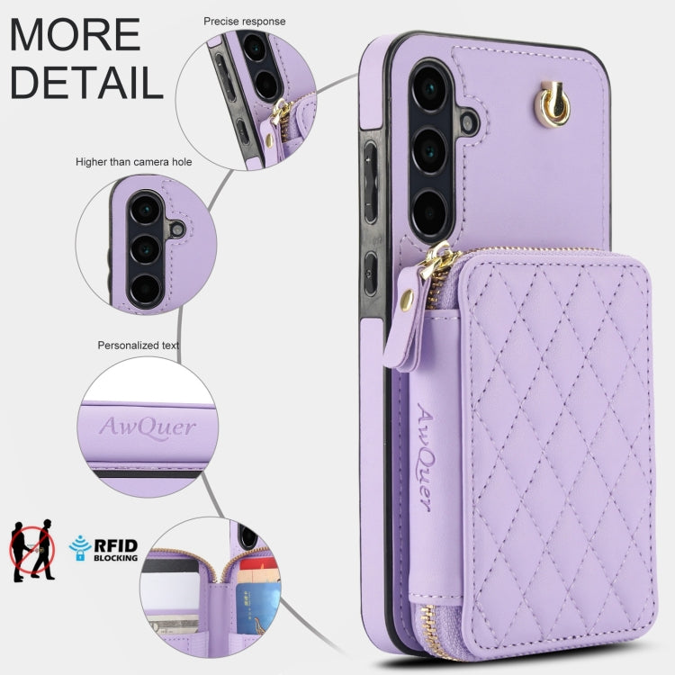 For Samsung Galaxy A55 5G AwQuer Crossbody Zipper Wallet Rhombic Leather Back Phone Case