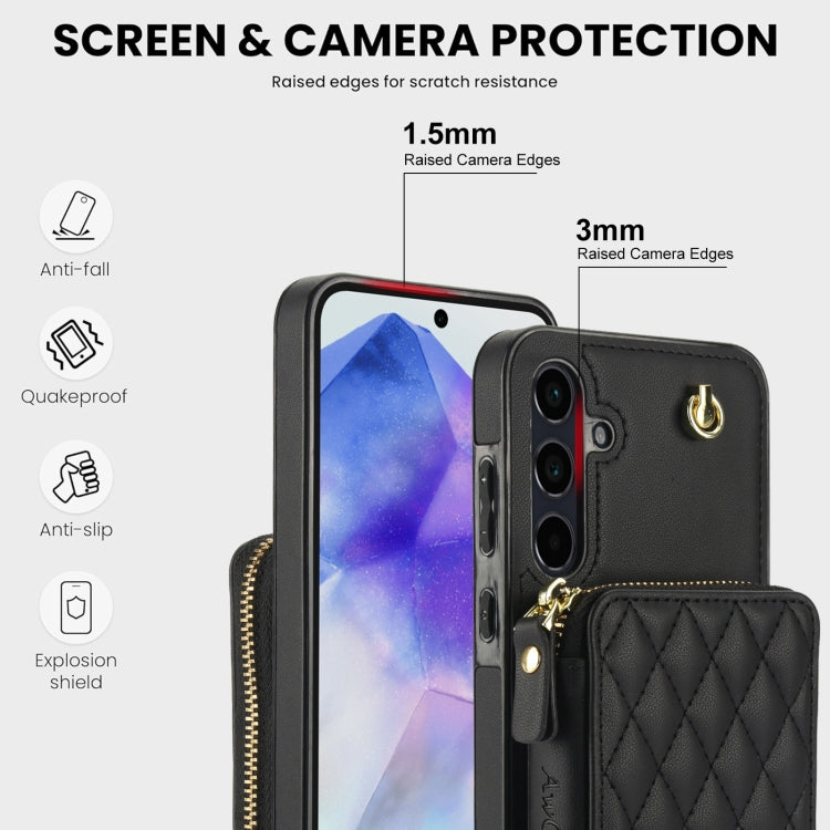 For Samsung Galaxy A35 5G AwQuer Crossbody Zipper Wallet Rhombic Leather Back Phone Case