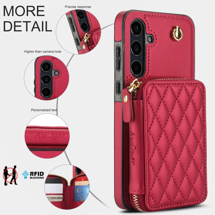 For Samsung Galaxy A35 5G AwQuer Crossbody Zipper Wallet Rhombic Leather Back Phone Case
