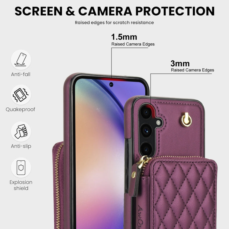 For Samsung Galaxy A54 4G / 5G AwQuer Crossbody Zipper Wallet Rhombic Leather Back Phone Case