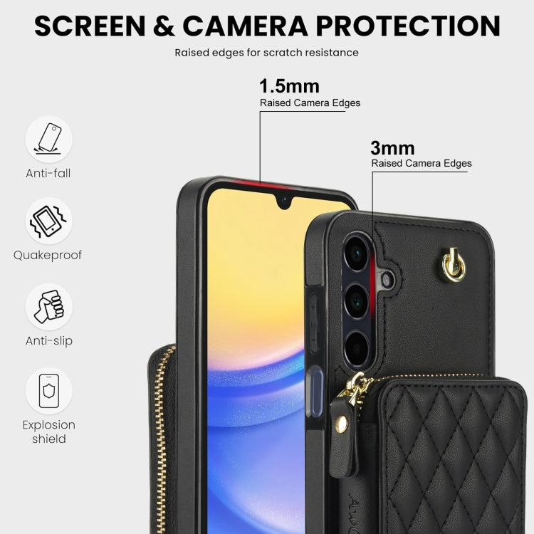 For Samsung Galaxy A15 4G / 5G AwQuer Crossbody Zipper Wallet Rhombic Leather Back Phone Case