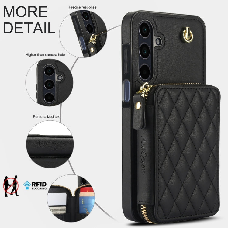 For Samsung Galaxy A15 4G / 5G AwQuer Crossbody Zipper Wallet Rhombic Leather Back Phone Case