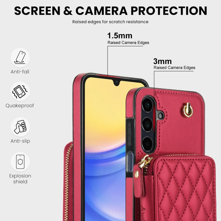 For Samsung Galaxy A15 4G / 5G AwQuer Crossbody Zipper Wallet Rhombic Leather Back Phone Case