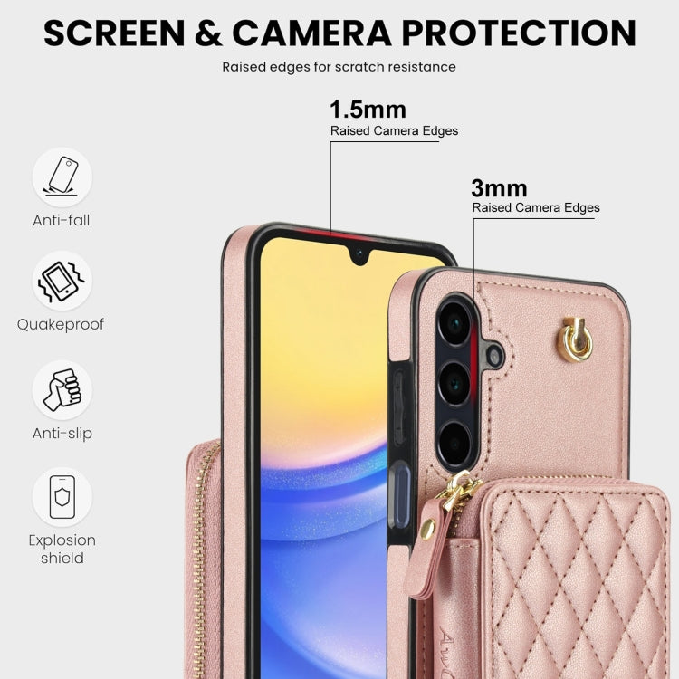 For Samsung Galaxy A15 4G / 5G AwQuer Crossbody Zipper Wallet Rhombic Leather Back Phone Case
