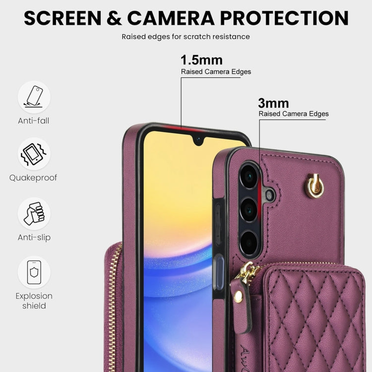 For Samsung Galaxy A15 4G / 5G AwQuer Crossbody Zipper Wallet Rhombic Leather Back Phone Case