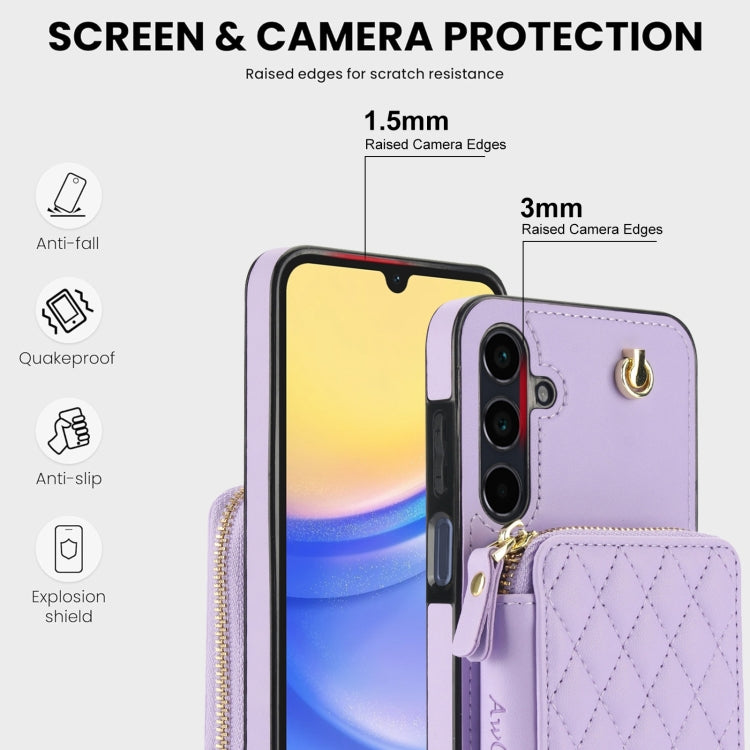 For Samsung Galaxy A15 4G / 5G AwQuer Crossbody Zipper Wallet Rhombic Leather Back Phone Case