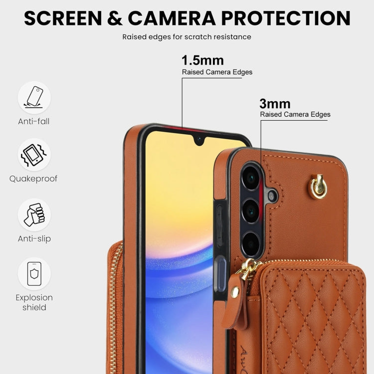 For Samsung Galaxy A15 4G / 5G AwQuer Crossbody Zipper Wallet Rhombic Leather Back Phone Case