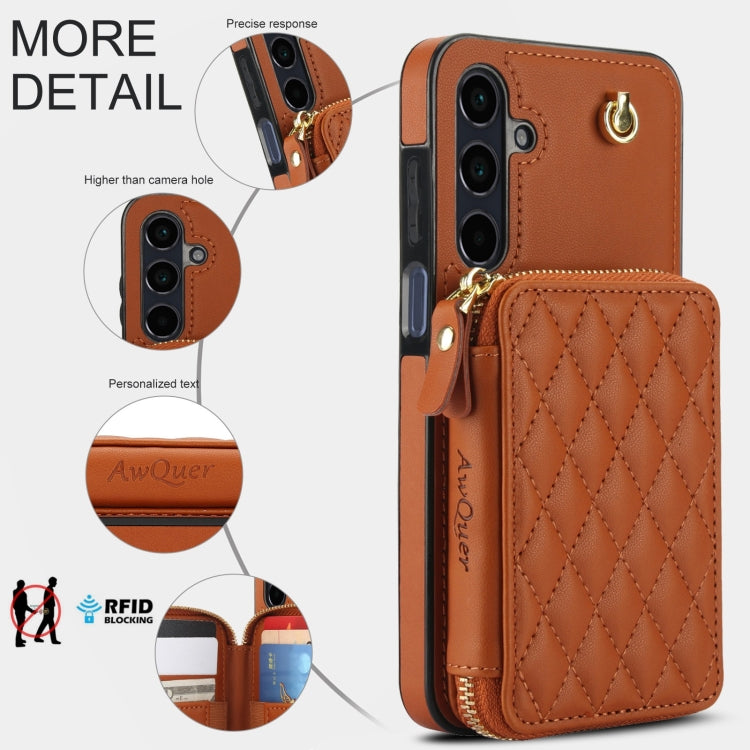 For Samsung Galaxy A15 4G / 5G AwQuer Crossbody Zipper Wallet Rhombic Leather Back Phone Case
