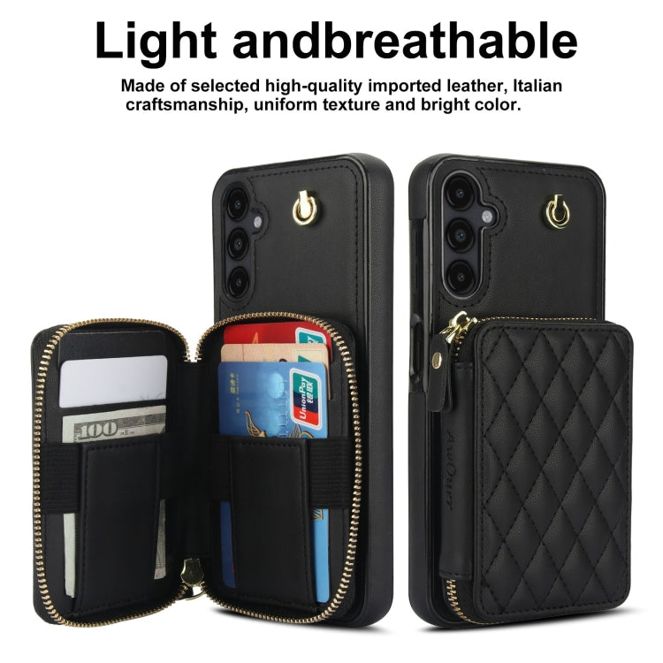 For Samsung Galaxy A14 4G / 5G AwQuer Crossbody Zipper Wallet Rhombic Leather Back Phone Case