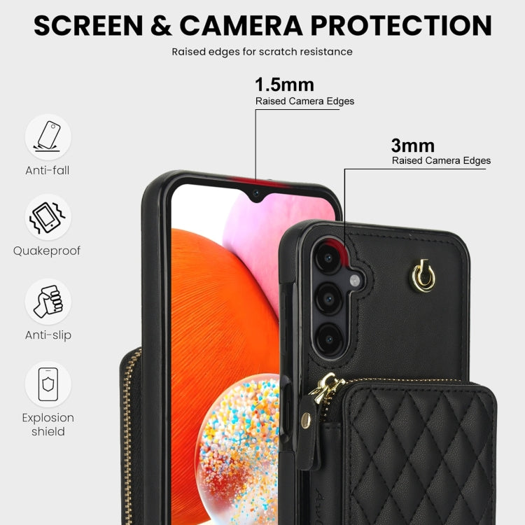 For Samsung Galaxy A14 4G / 5G AwQuer Crossbody Zipper Wallet Rhombic Leather Back Phone Case